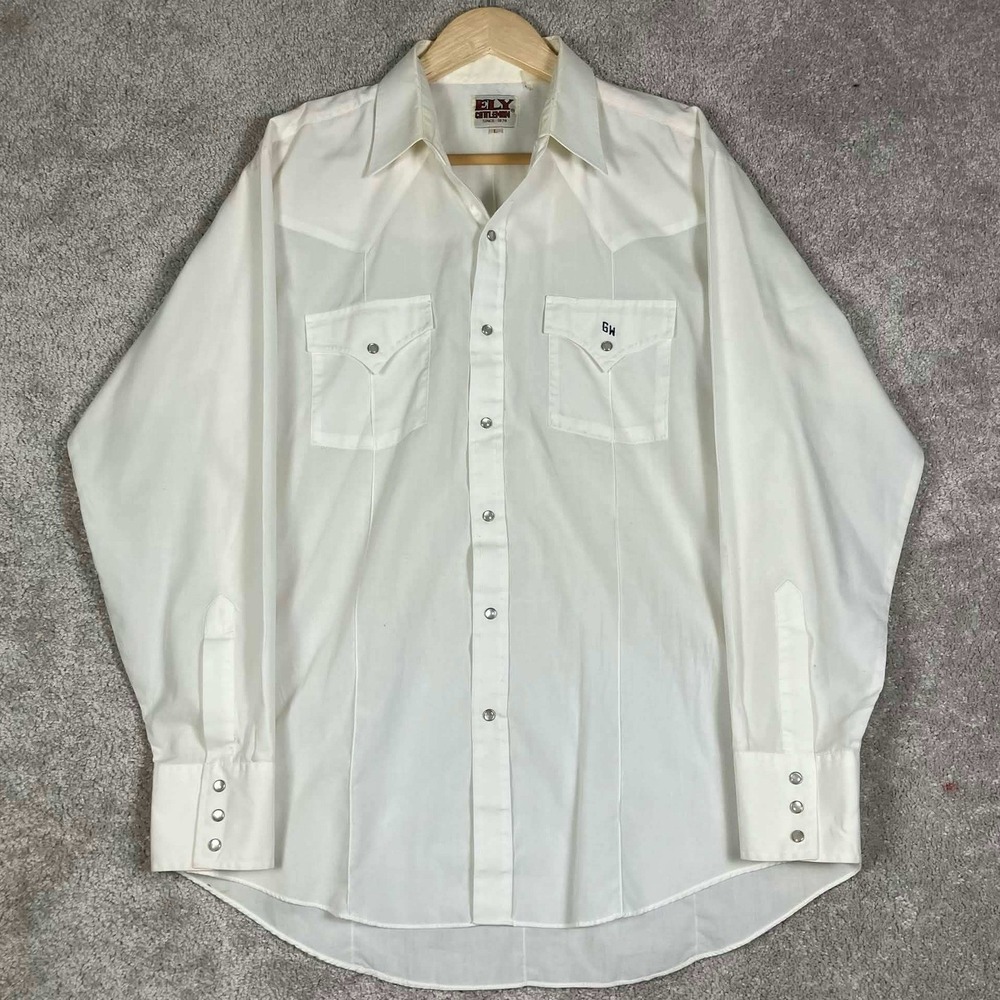 Vintage Ely Cattleman Western Shirt Mens Large White Long Sleeve Pearl Snap